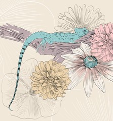 vector sketch of lizard with cute flowers