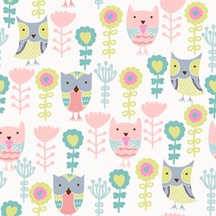 Vector seamless pattern with owls and flowers