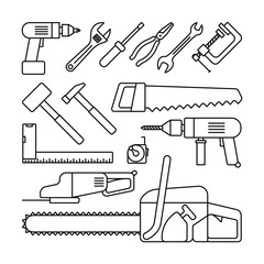 Tools thin line black icons on white background. Tools like screwdriver, drill, saw and hammer. Vector illustration