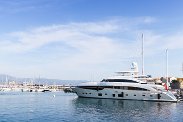 Pleasure motor yachts moored in marina of Ajaccio