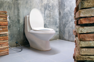white flush toilet and brick decoration in loft style bathroom interior home