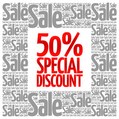 50% Special Discount sale words cloud, business concept background