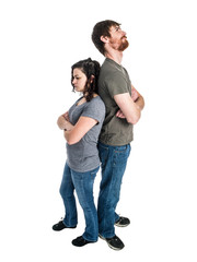 Photograph of a young man and young woman standing back to back after a fight.