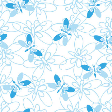 Blue butterfly, abstract seamless pattern on white background.