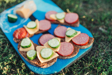 tourist sandwiches on a camp Mat. The concept of a tourist snack