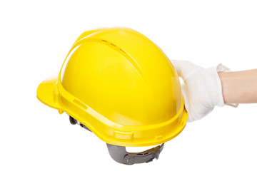 Construction helmet in the hand, isolated