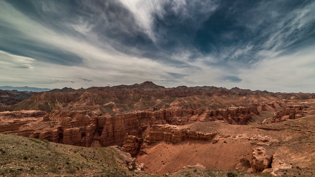4K TimeLapse. Charyn grand canyon at overcast sky in Kazakhstan.