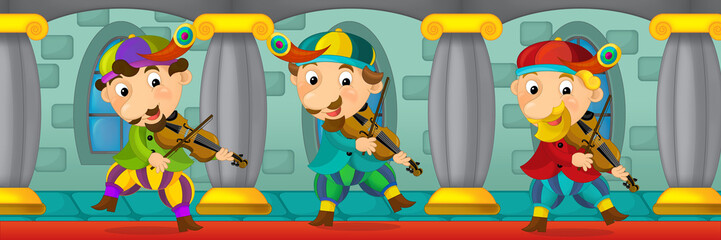 Cartoon castle chamber with medieval character - jester with violin - illustration for the children
