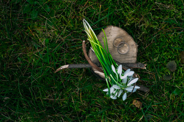 composition, wedding ring and a bouquet of snowdrops