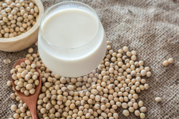 Soy beans and soy milk on table