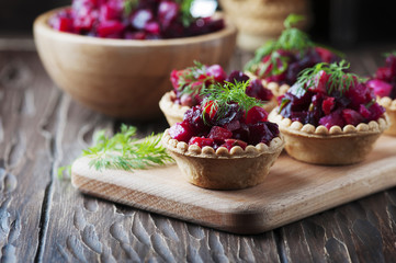 Traditional russian vegan salad with potato and beetroot