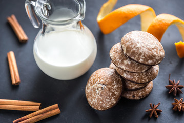 Gingerbread cakes with jug of milk