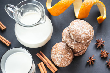 Gingerbread cakes with jug of milk
