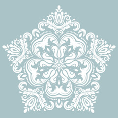 Oriental white pattern with arabesques and floral elements. Traditional classic ornament with light blue background