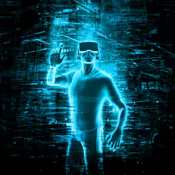 Virtual reality user / 3D render of man wearing virtual reality glasses surrounded by virtual data