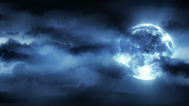 Background with animated clouds and shining moon. Seamless loop. 