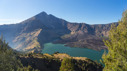 Rinjani volcano mountain and Anak lake landscape from Senaru cra
