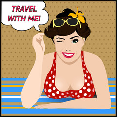 Travel poster with  pop art winking woman 