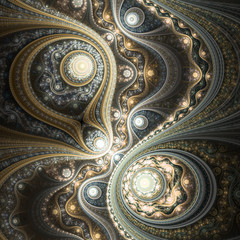 Glossy gold fractal clockwork, digital artwork for creative graphic design