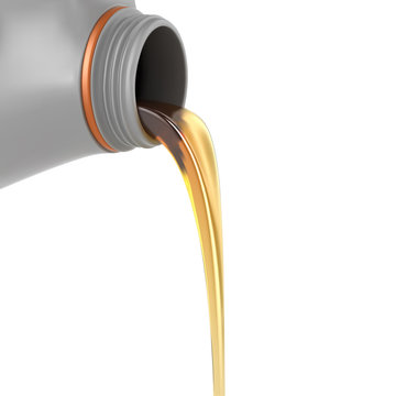 pouring engine oil from its plastic container