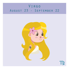 Cartoon Virgo zodiac sign with duration and symbol in lower corner