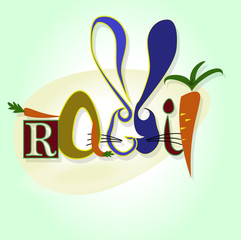 Funny Easter, Easter rabbit, eggs, carrot  and color letters on the green background, design for card, banners, hand drawn vector illustration. Funny Bunny Easter, face and ears rabbit. 