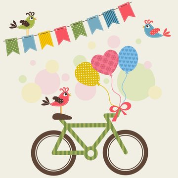 Bike with balloons and birds