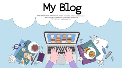 Naklejka premium Businessman Workplace Desk Hands Working Laptop Top Angle Above View Office Copy Space