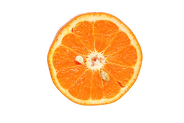 Fototapeta na wymiar Half of orange fruit isolated on white background, citrus fruit, top view.