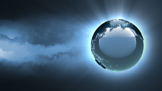 Futuristic 3d silver rotating globe on dark cloudy background. Seamless loop. 