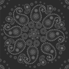 Black background with a paisley ornament. Circular ornament. Vector pattern
