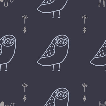 Hooo Seamless Vector pattern. Cute owls, florals and hand lettering