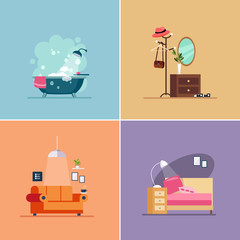Interior Design Room Types. Vector Illustration Set