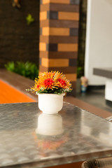 orange flower on metal table with wicker chair