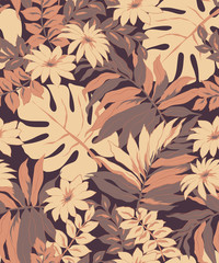 Tropical leaves print background. Beautiful seamless pattern. Exotic pattern with tropical leaves and flowers. Blooming jungle. Vector illustration.