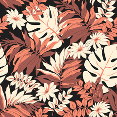 Tropical leaves print background. Beautiful seamless pattern. Exotic pattern with tropical leaves and flowers. Blooming jungle. Vector illustration.