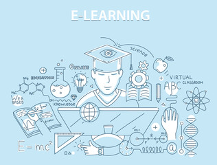 Line style design concept of e-learning and online education