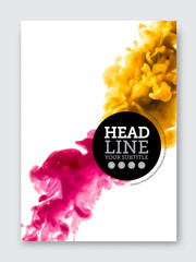 Vector brochure design template. Business abstract background with liquid colorful ink cloud clashing. Flyer, poster, banner, cover design. A4 size.