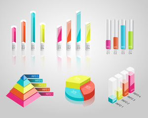 3D isometric bar, pie, pyramid charts. Vector infographics.