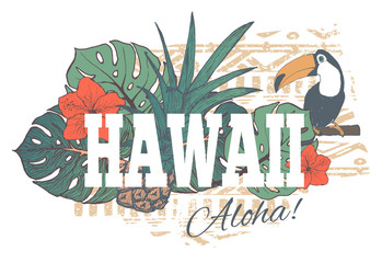 Vintage tropical exotic Hawaii print for t-shirt with slogan.