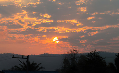 Beautiful sunrise with orange and red clouds behind some conifer