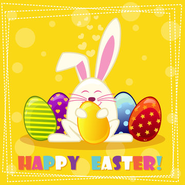 Happy ester rabbit and multicolored eggs in vector