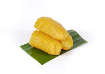 boiled bananas in syrup,Banana leaf on white background.