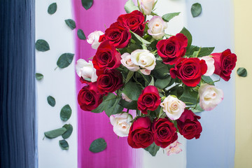 Red and white roses on colorful painted wood background