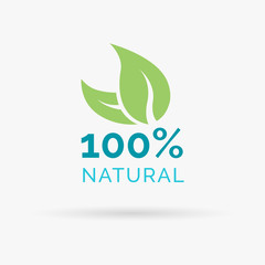 100% natural icon design. 100% natural symbol design. 100 percent natural product design with green leaf icon. Vector illustration.