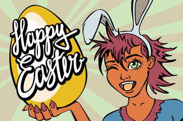 closeup of winking bunny girl face happy easter lettering vector manga