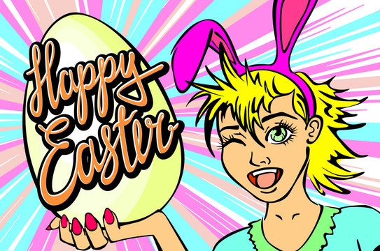 winking and thumbs up sexy pin up style bunny girl. closeup of winking bunny girl face manga girl in a bunny costume with an Easter egg. happy easter lettering