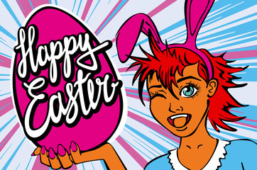 closeup of winking bunny girl face manga girl in a bunny costume with an Easter egg. happy easter lettering