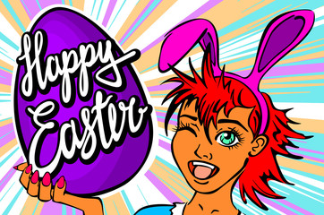 winking and thumbs up sexy pin up style bunny girl. closeup of winking bunny girl face manga girl in a bunny costume with an Easter egg. happy easter lettering