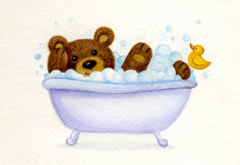 Naklejka premium Bathing baby bear, watercolor.